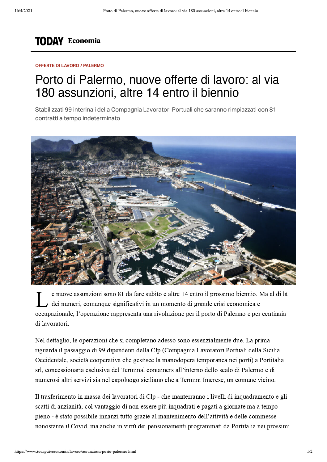 Porto di Palermo, nuove offerte di lavoro_ al via 180 assunzioni, altre 14 entro il biennio